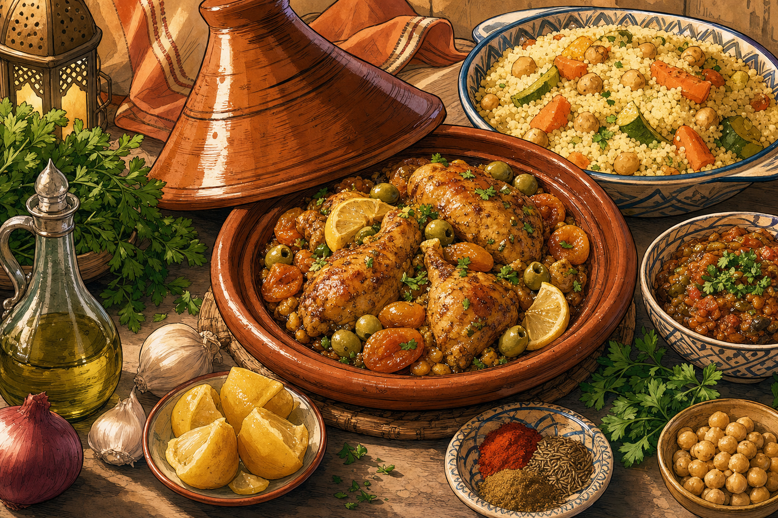Morocco food culture illustration