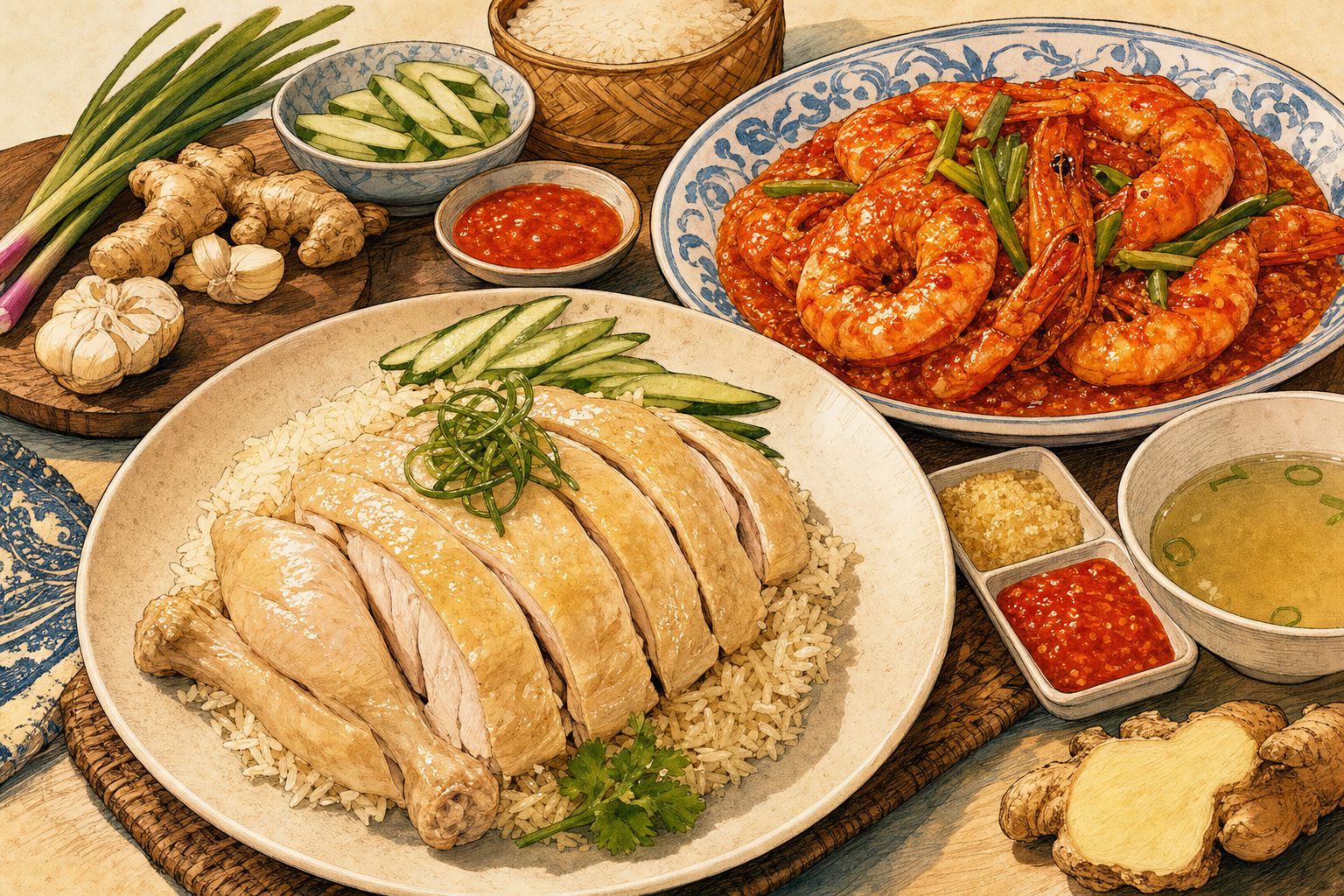 Singapore food culture illustration