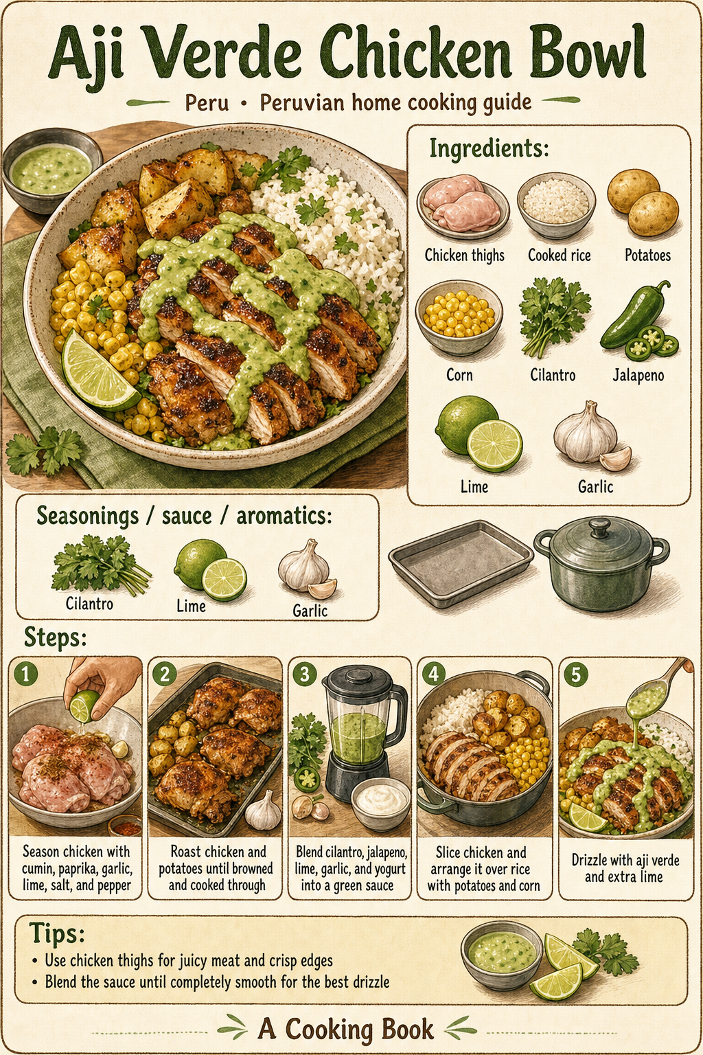 Aji Verde Chicken Bowl illustrated cooking image