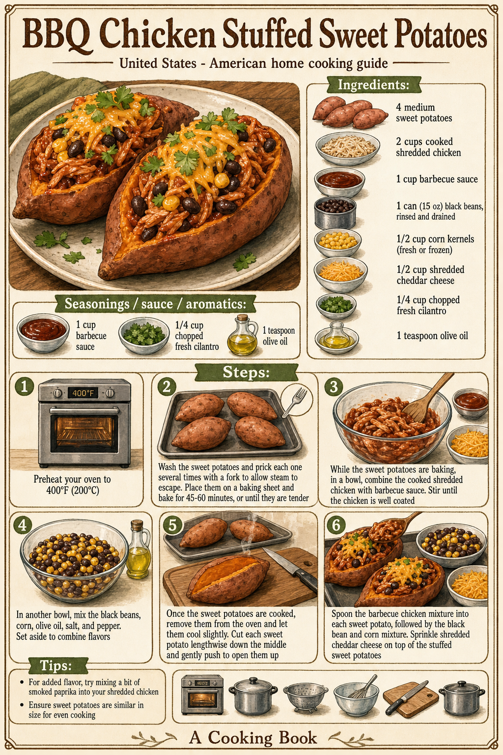 BBQ Chicken Stuffed Sweet Potatoes illustrated step-by-step cooking guide