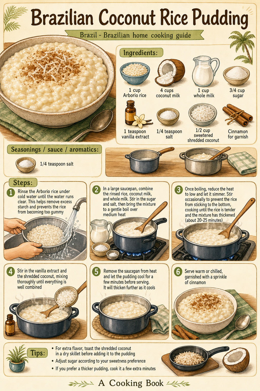 Brazilian Coconut Rice Pudding illustrated step-by-step cooking guide