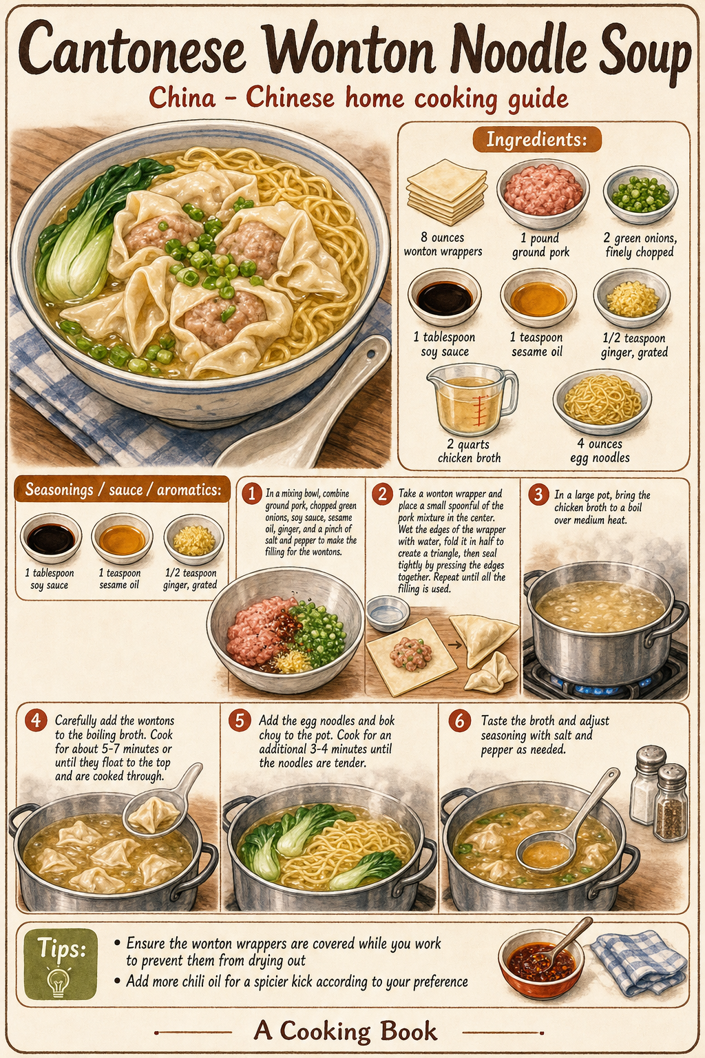 Cantonese Wonton Noodle Soup illustrated cooking image