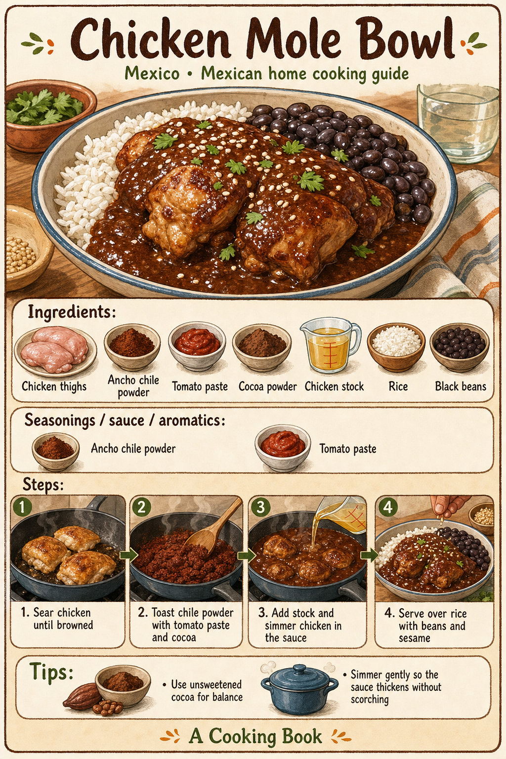 Chicken Mole Bowl illustrated cooking image
