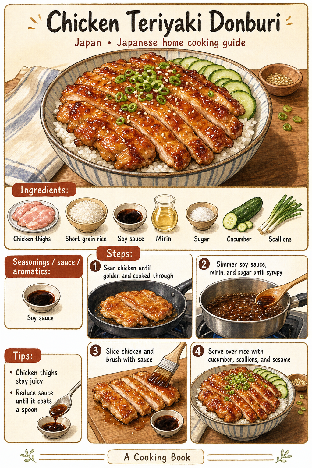 Chicken Teriyaki Donburi illustrated cooking image