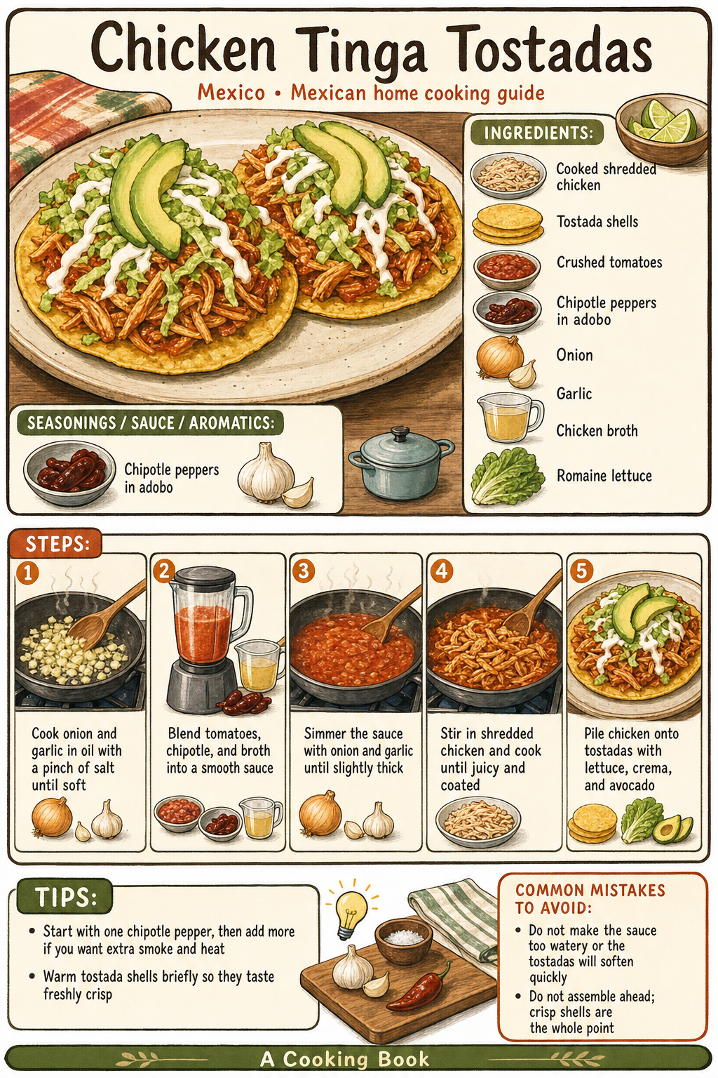 Chicken Tinga Tostadas illustrated cooking image