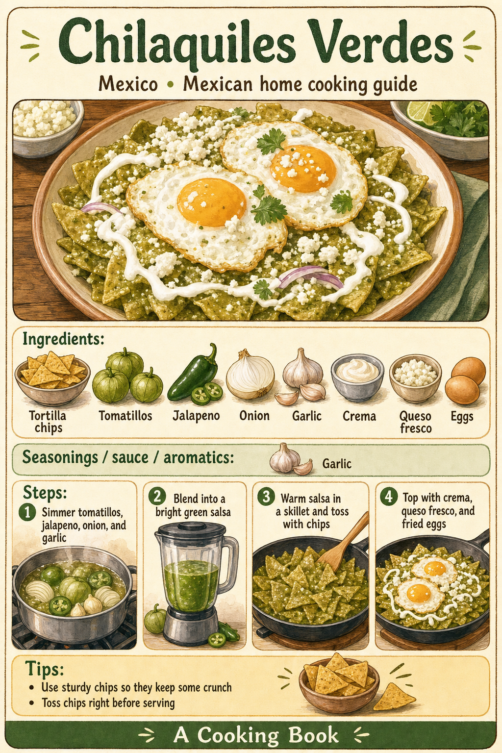 Chilaquiles Verdes illustrated cooking image