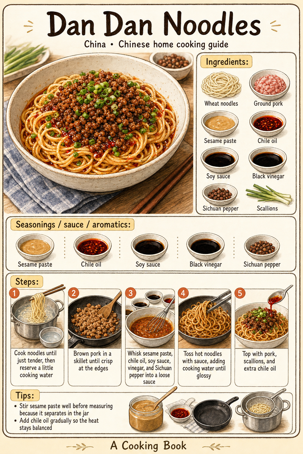 Dan Dan Noodles illustrated cooking image