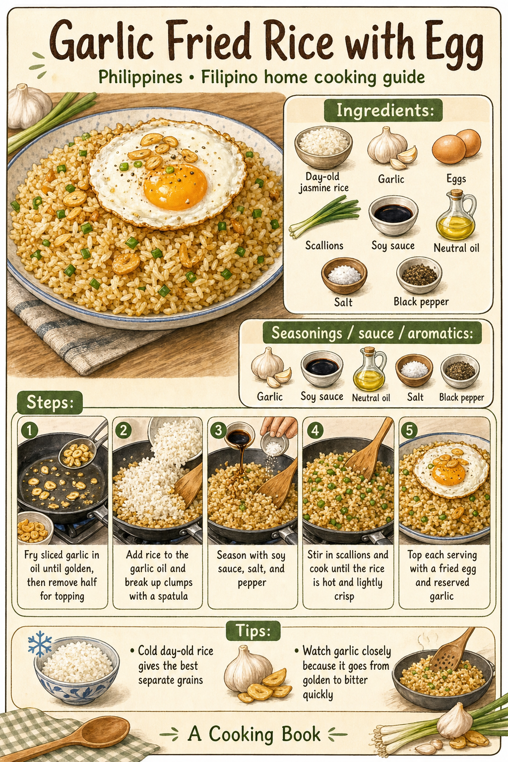 Garlic Fried Rice with Egg illustrated cooking image