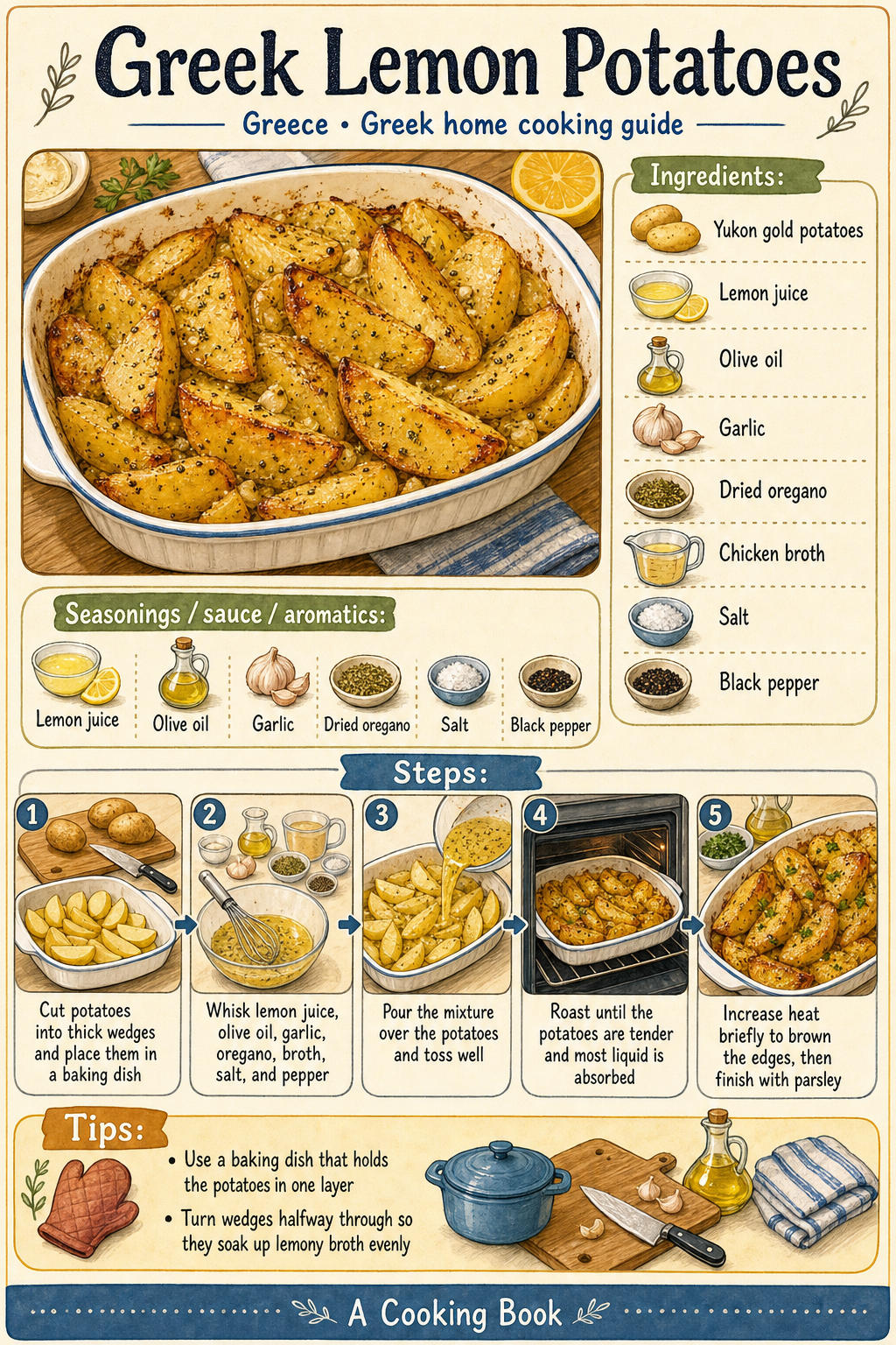 Greek Lemon Potatoes illustrated cooking image