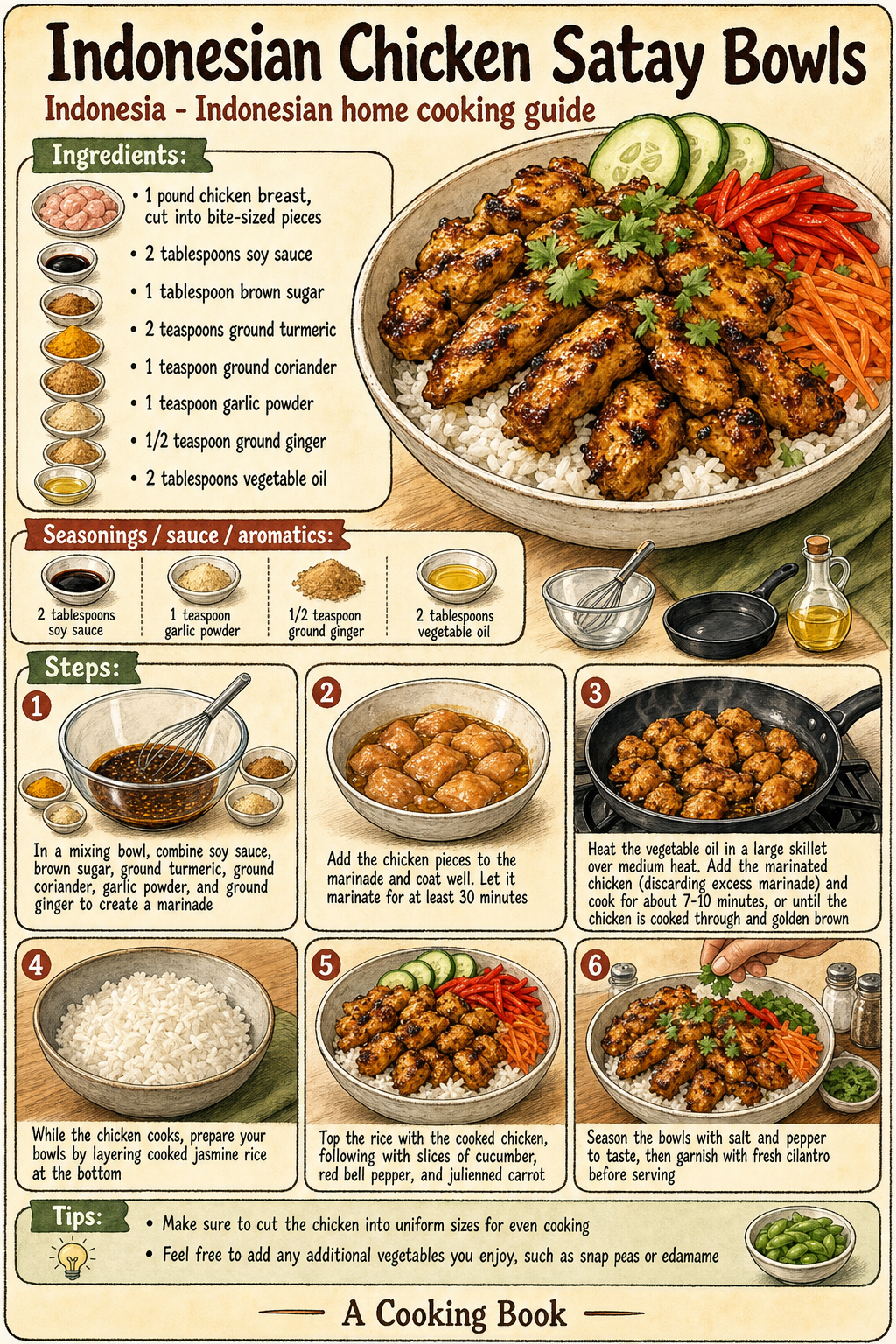 Indonesian Chicken Satay Bowls illustrated cooking image
