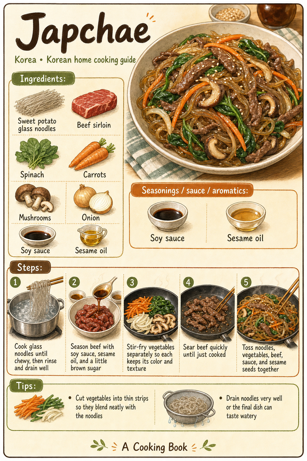 Japchae illustrated cooking image