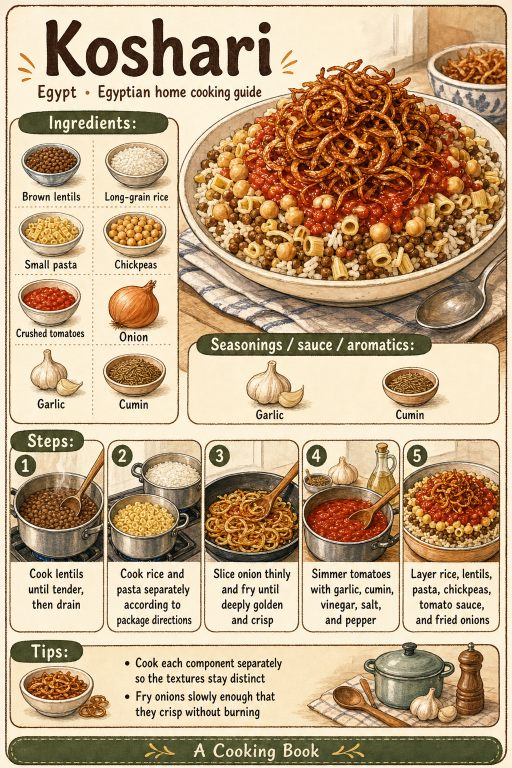 Koshari illustrated cooking image