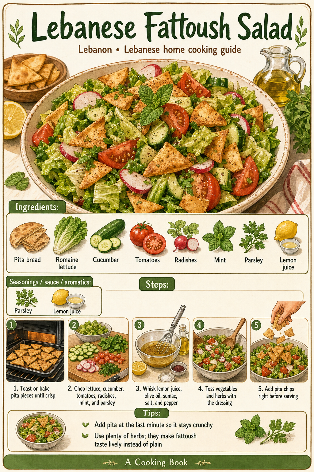 Lebanese Fattoush Salad illustrated step-by-step cooking guide