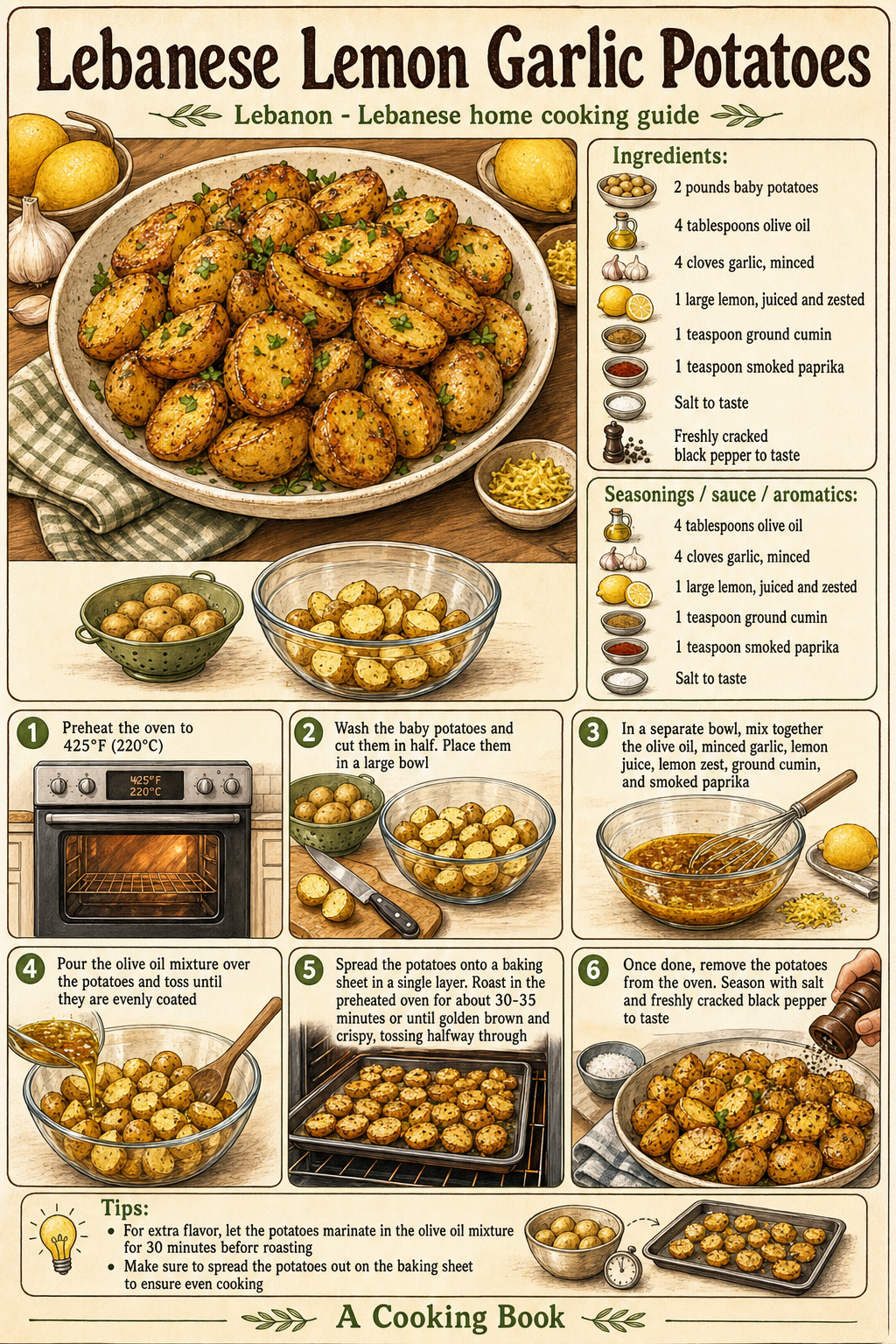Lebanese Lemon Garlic Potatoes illustrated cooking image