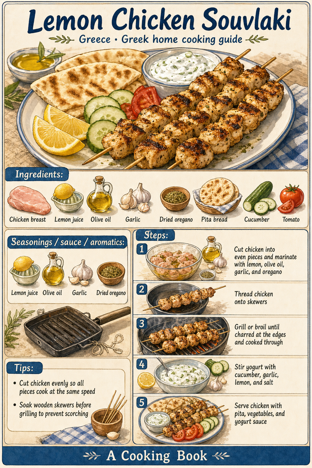 Lemon Chicken Souvlaki illustrated cooking image