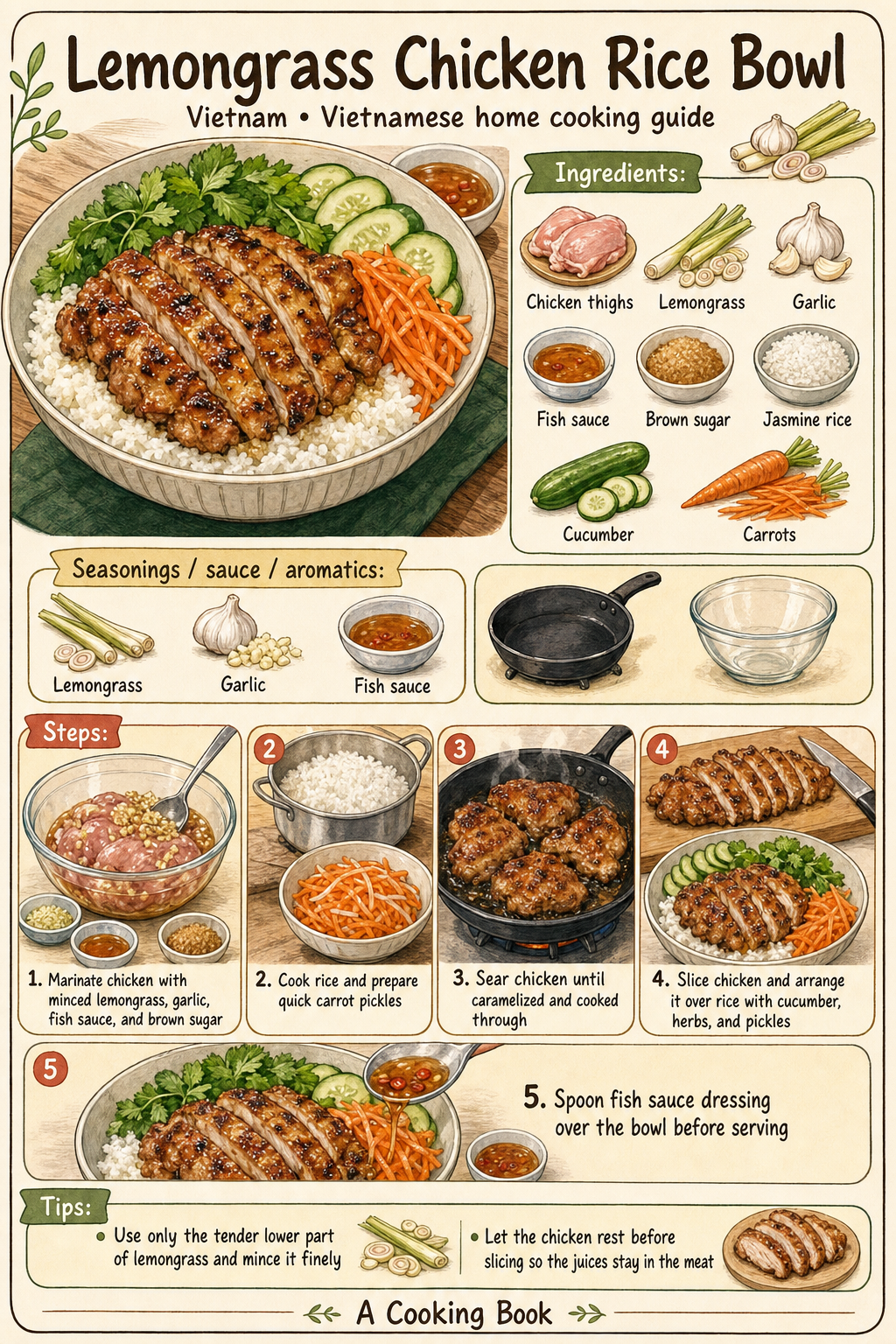 Lemongrass Chicken Rice Bowl illustrated cooking image