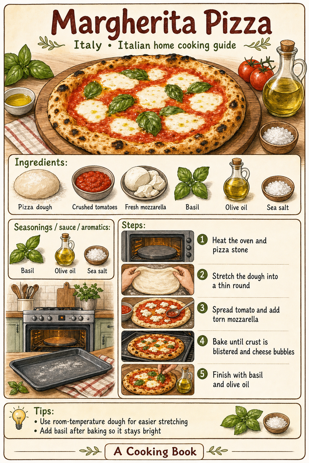 Margherita Pizza illustrated cooking image