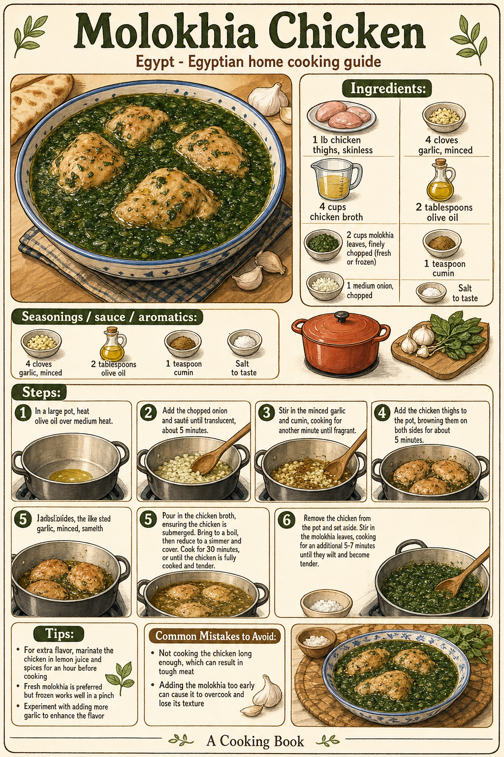 Molokhia Chicken illustrated step-by-step cooking guide