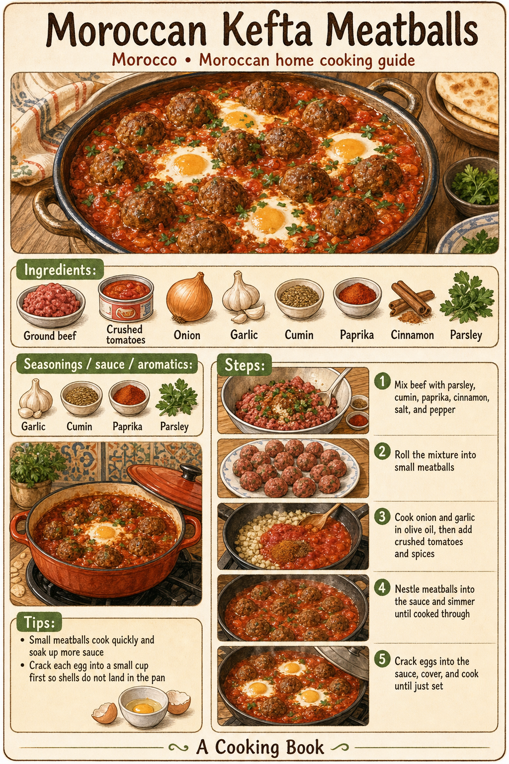 Moroccan Kefta Meatballs illustrated cooking image