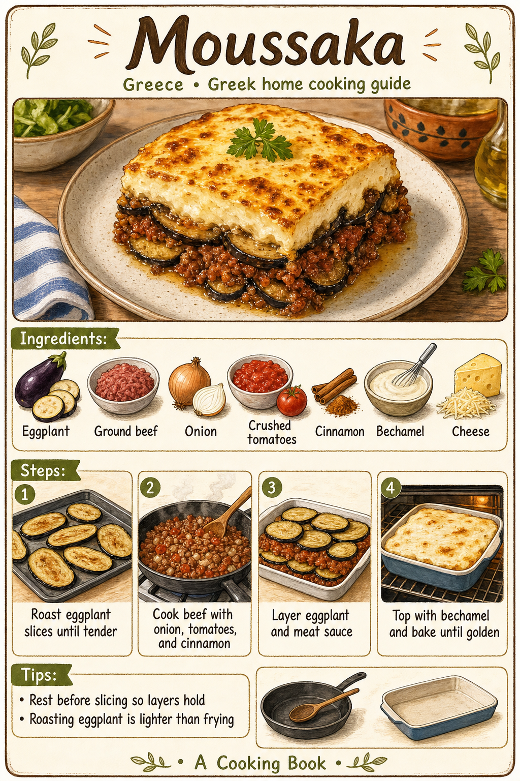Moussaka illustrated cooking image