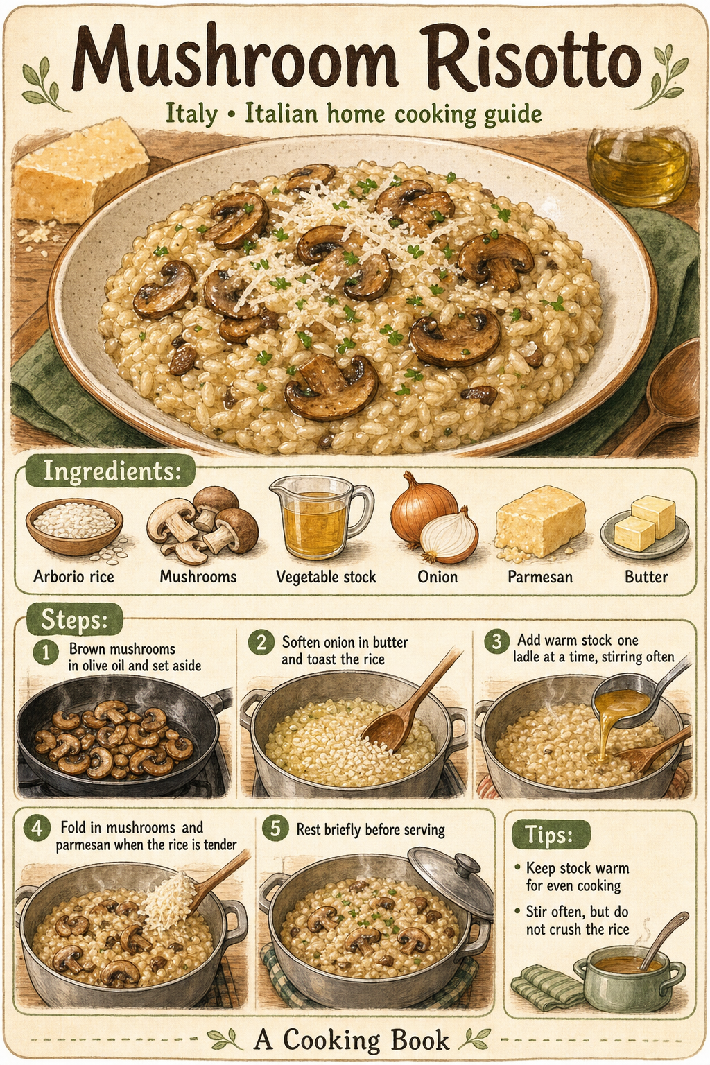 Mushroom Risotto illustrated cooking image