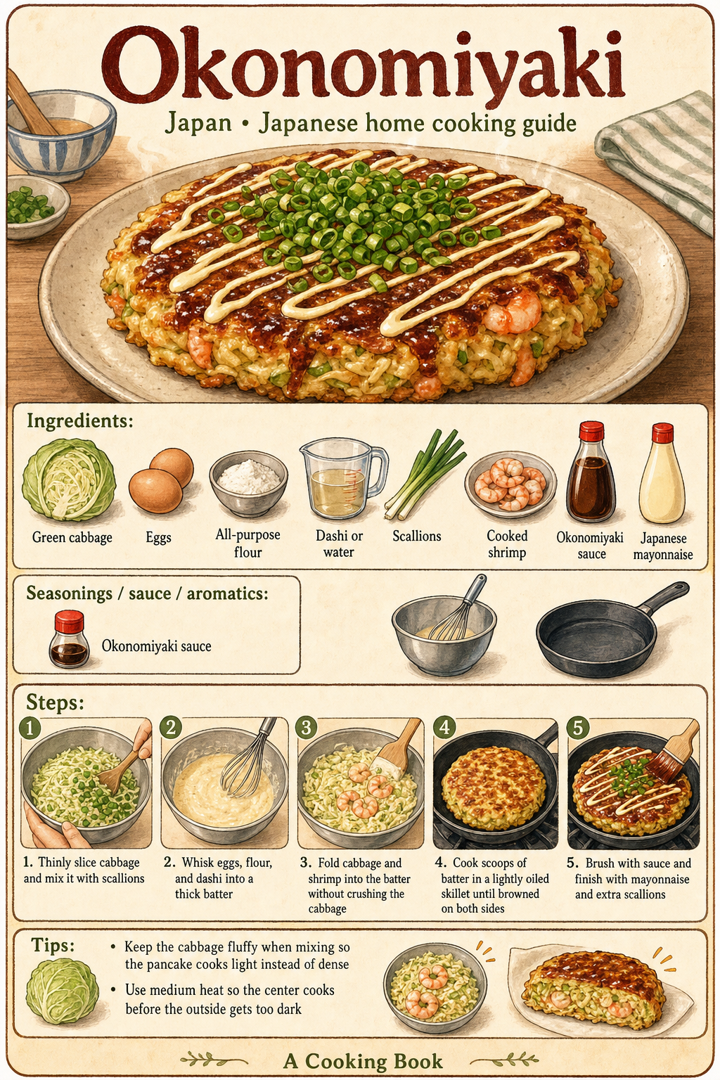 Okonomiyaki illustrated cooking image