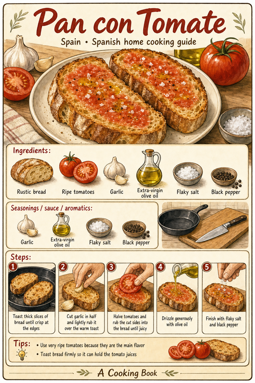 Pan con Tomate illustrated cooking image