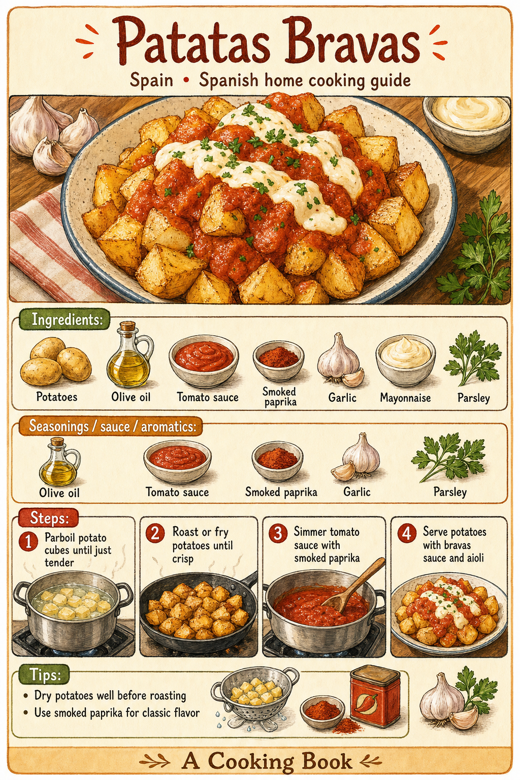 Patatas Bravas illustrated cooking image