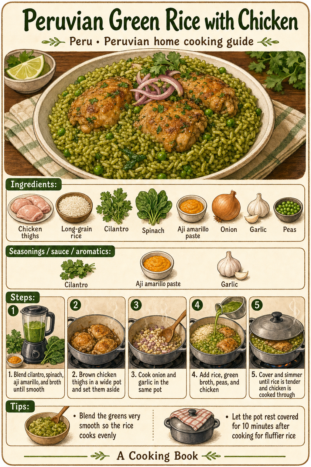 Peruvian Green Rice with Chicken illustrated cooking image