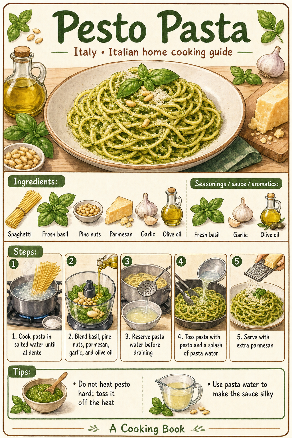 Pesto Pasta illustrated cooking image