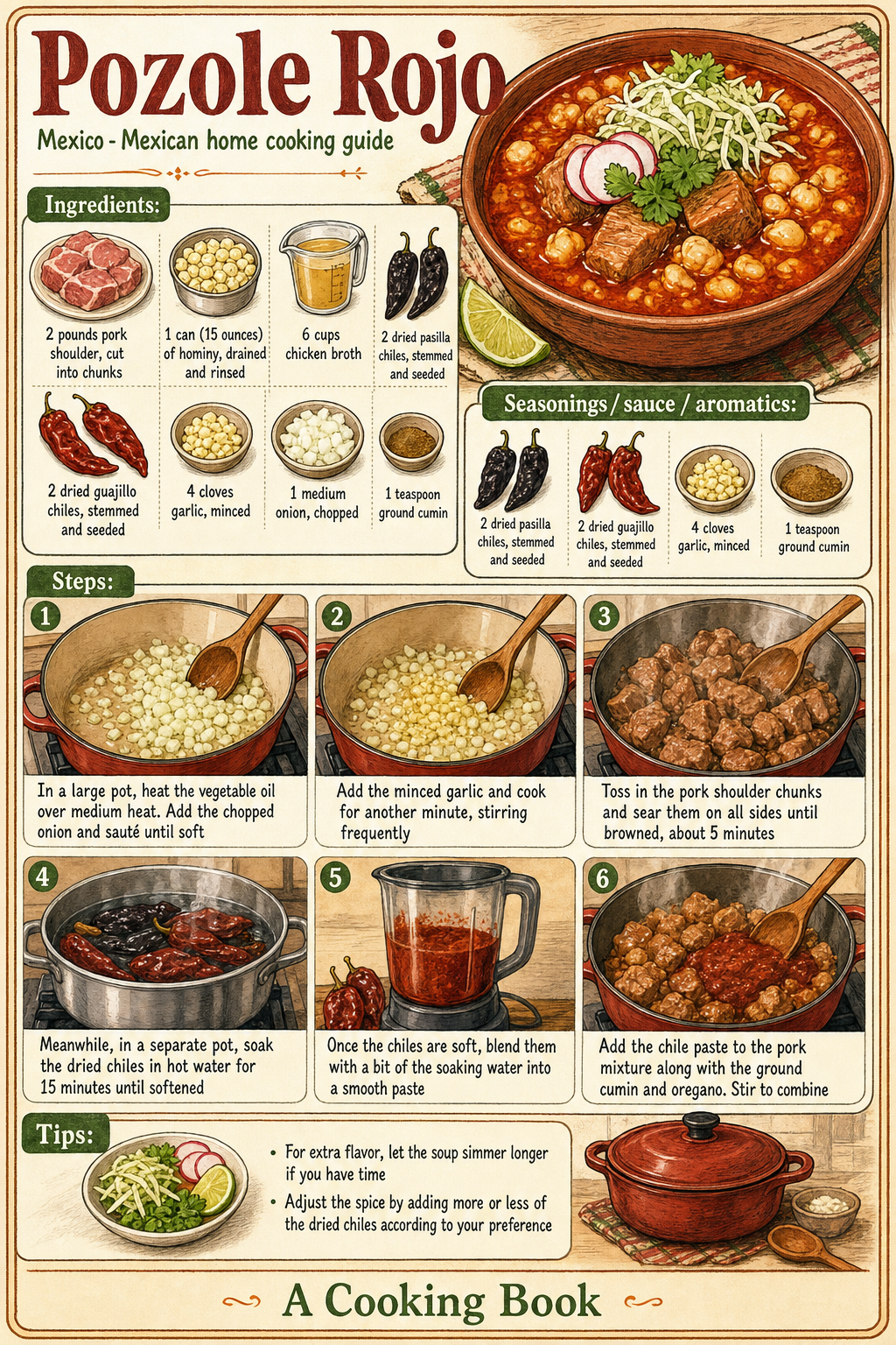 Pozole Rojo illustrated step-by-step cooking guide