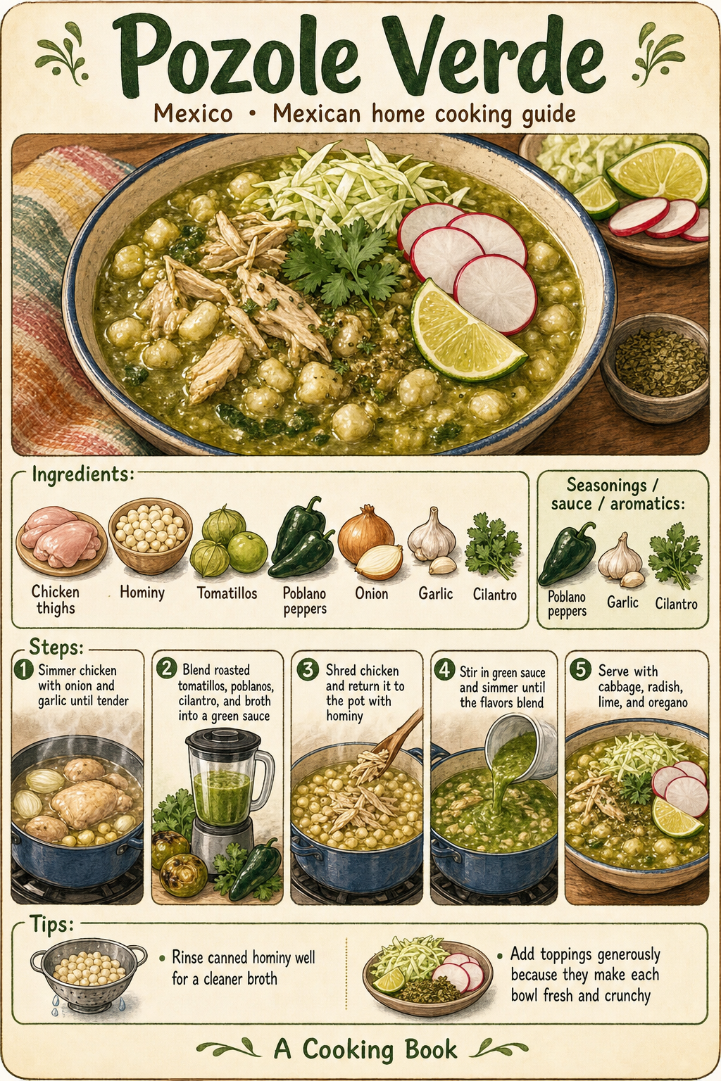 Pozole Verde illustrated cooking image