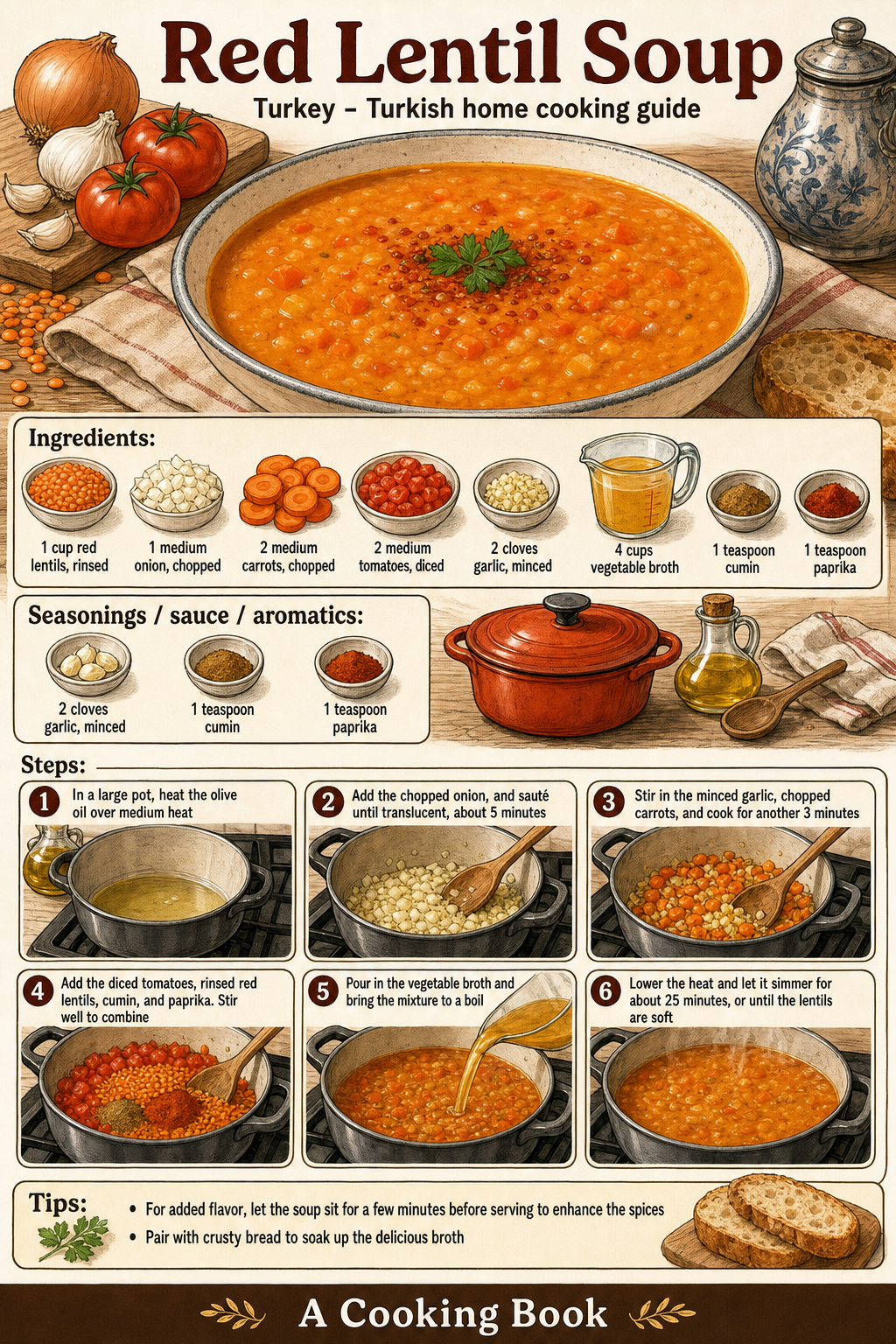 Red Lentil Soup illustrated step-by-step cooking guide
