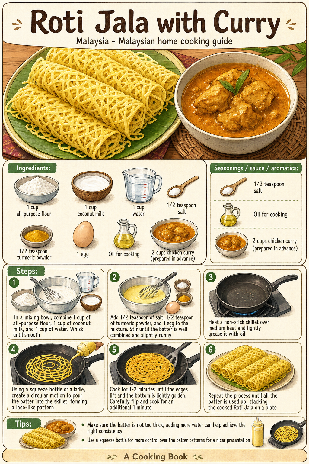 Roti Jala with Curry illustrated step-by-step cooking guide