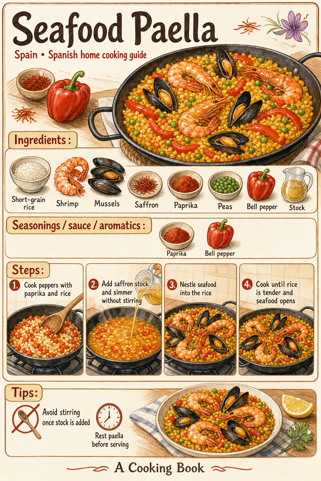 Seafood Paella illustrated cooking image