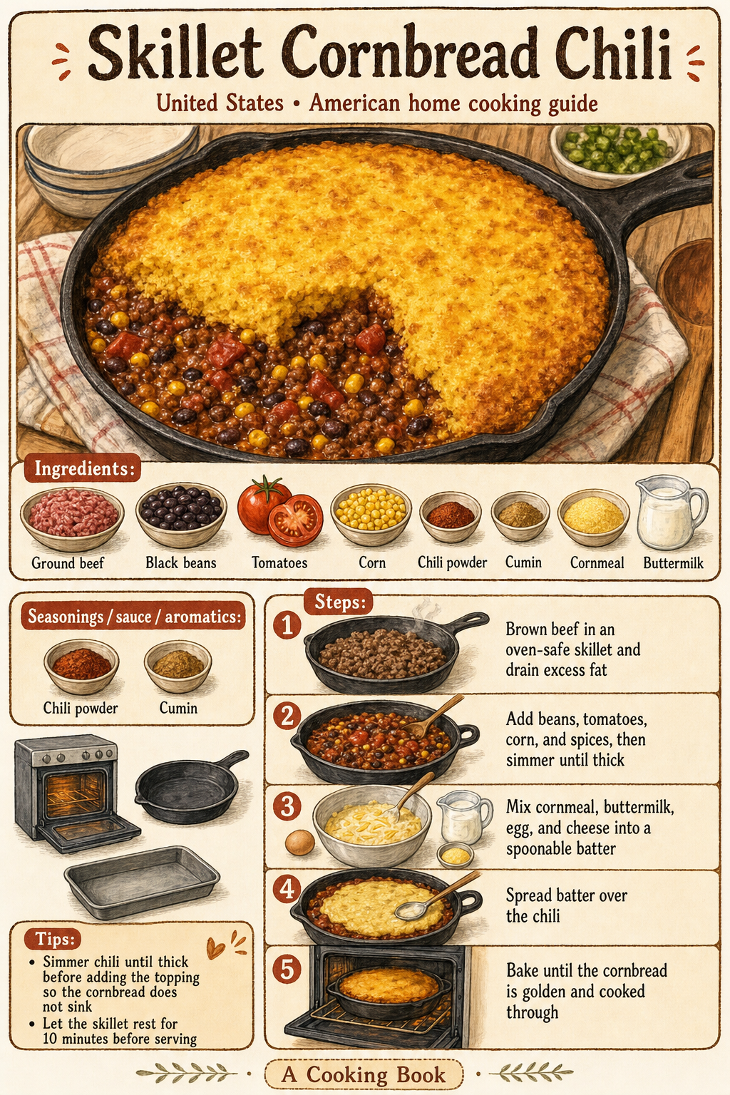 Skillet Cornbread Chili illustrated cooking image