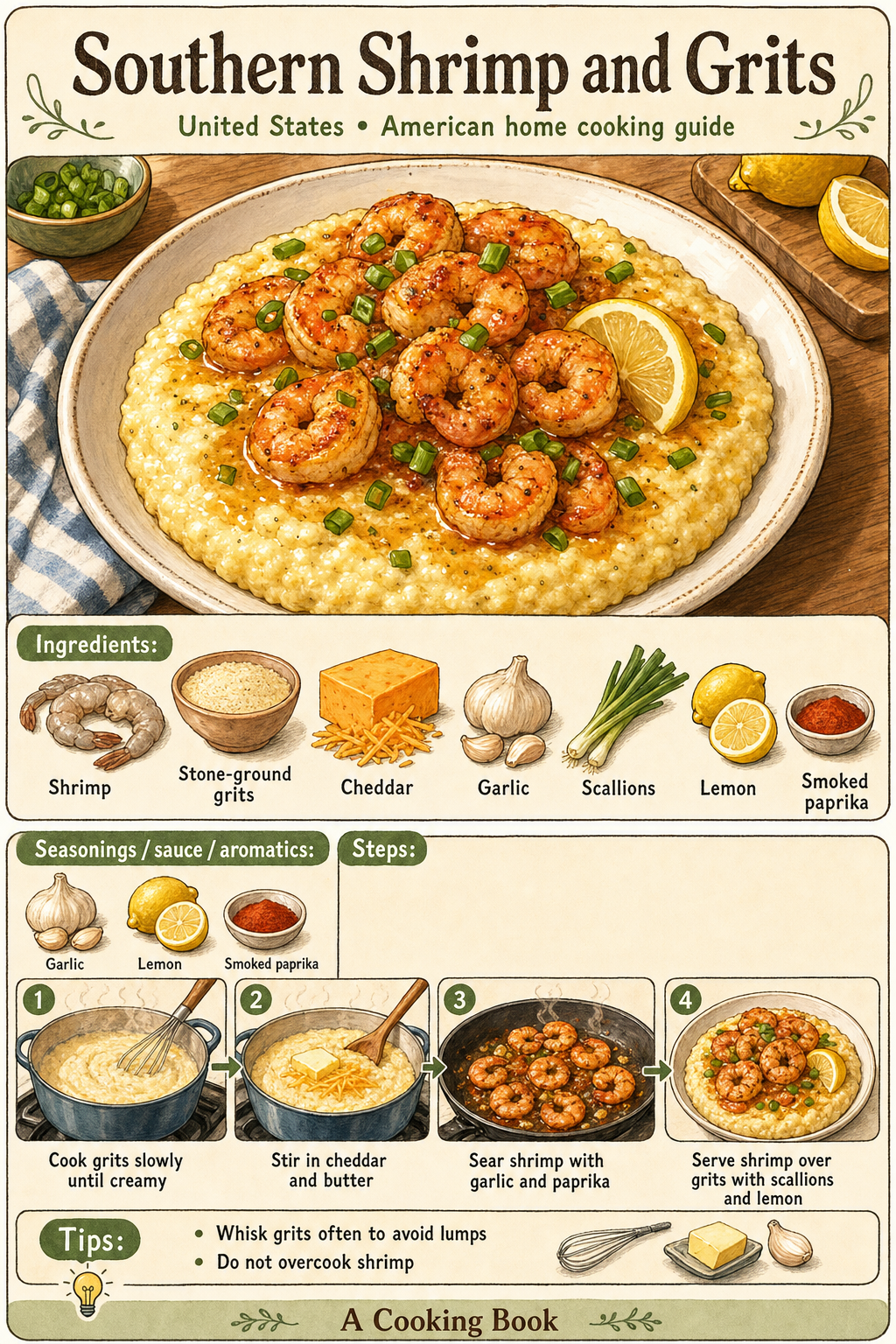 Southern Shrimp and Grits illustrated cooking image