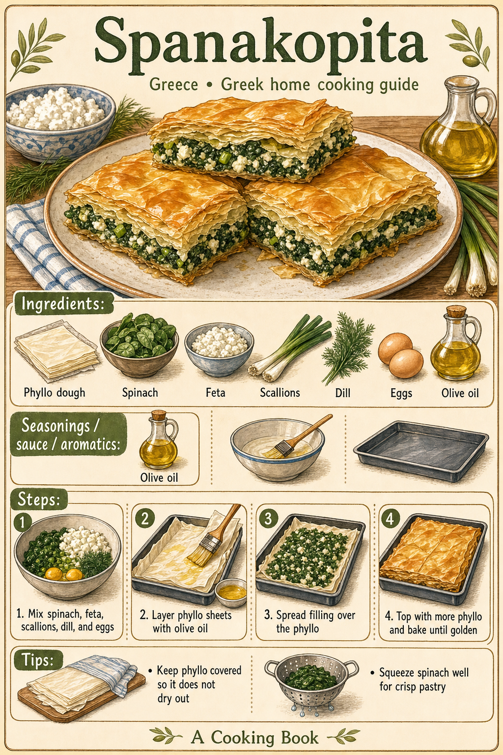 Spanakopita illustrated cooking image