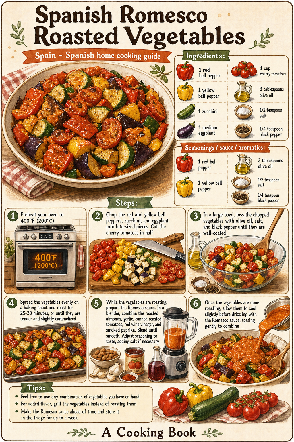 Spanish Romesco Roasted Vegetables illustrated step-by-step cooking guide