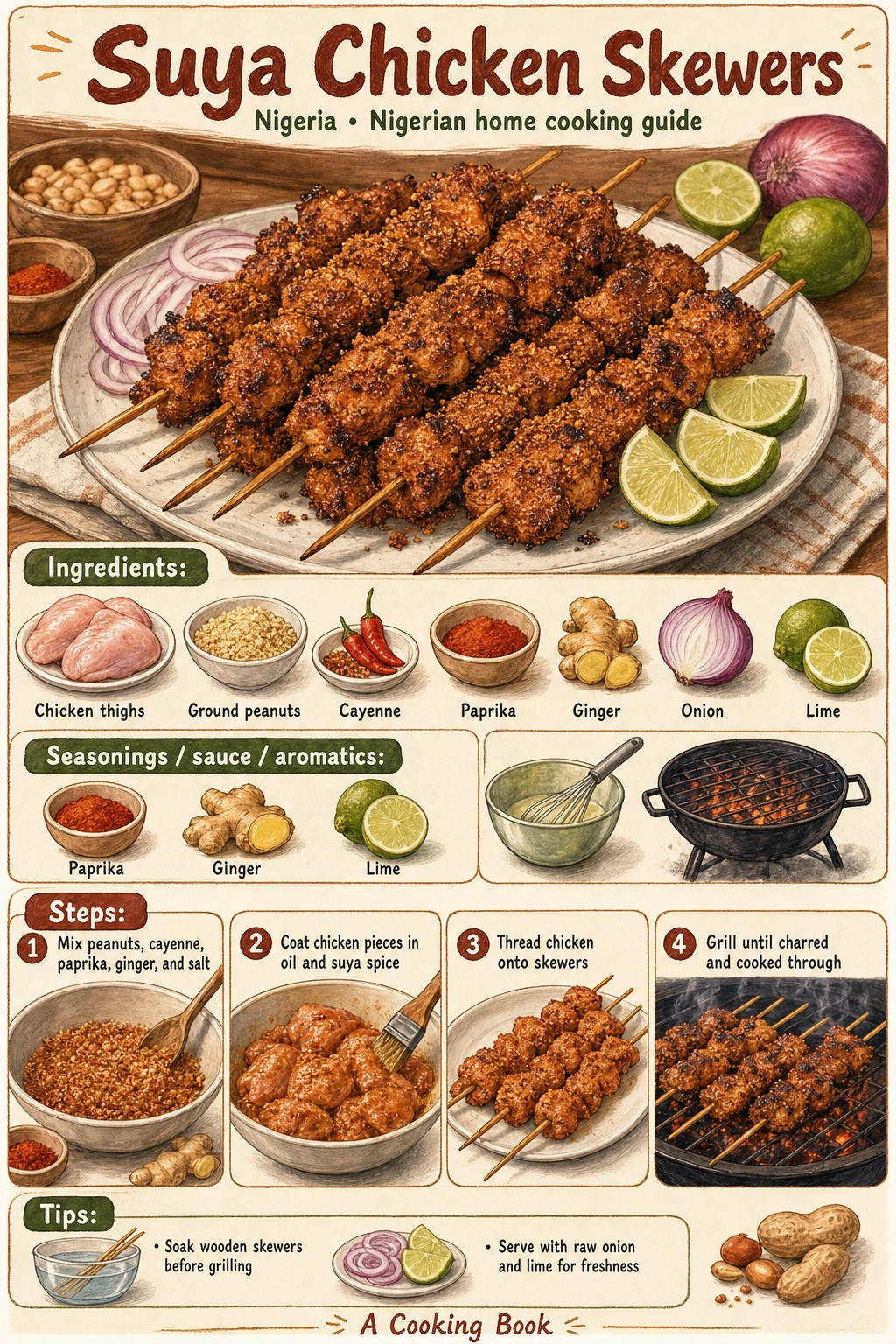 Suya Chicken Skewers illustrated cooking image