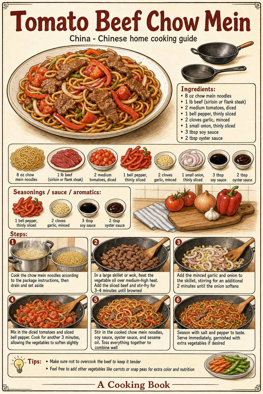 Tomato Beef Chow Mein illustrated step-by-step cooking guide