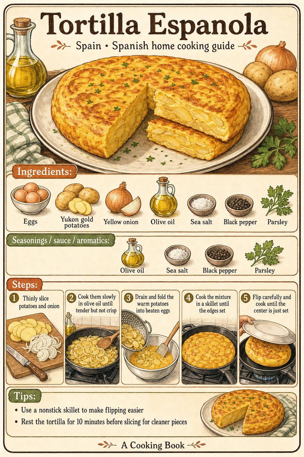 Tortilla Espanola illustrated cooking image