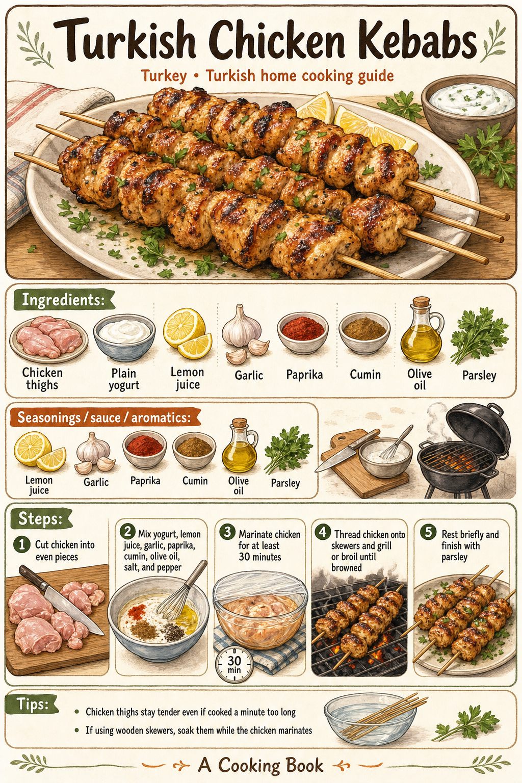 Turkish Chicken Kebabs illustrated cooking image