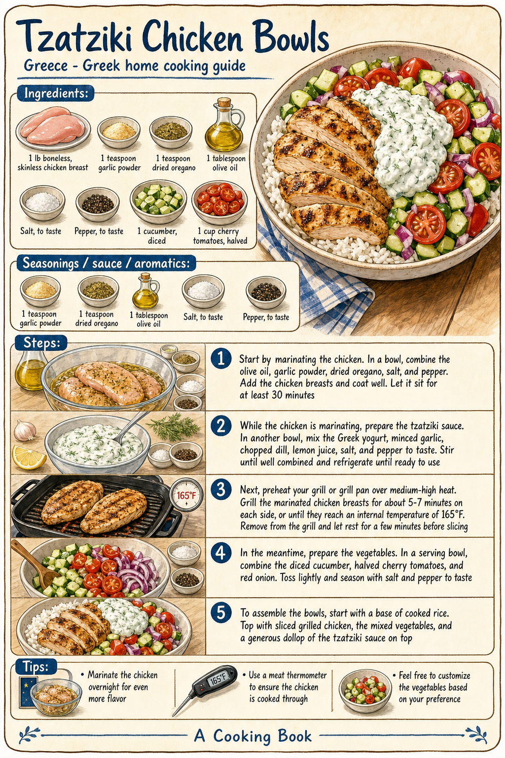 Tzatziki Chicken Bowls illustrated cooking image