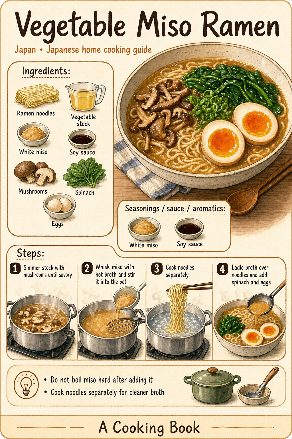 Vegetable Miso Ramen illustrated cooking image