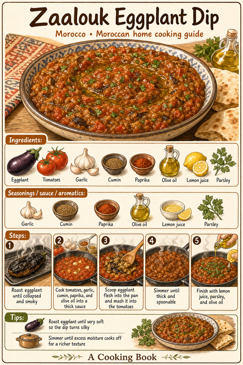 Zaalouk Eggplant Dip illustrated cooking image