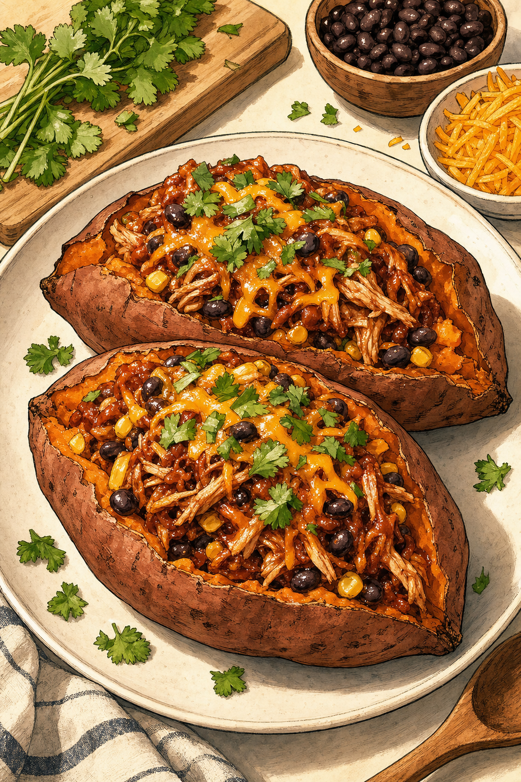 BBQ Chicken Stuffed Sweet Potatoes illustrated recipe card