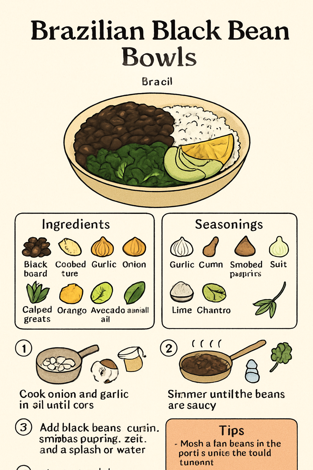 Brazilian Black Bean Bowls illustrated recipe card