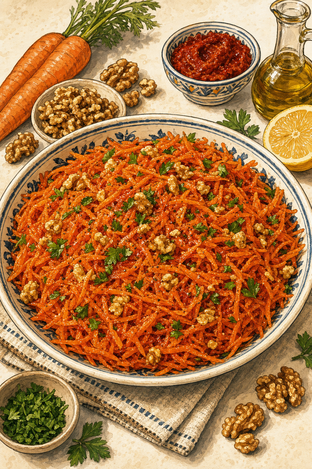 Harissa Carrot Salad illustrated recipe card