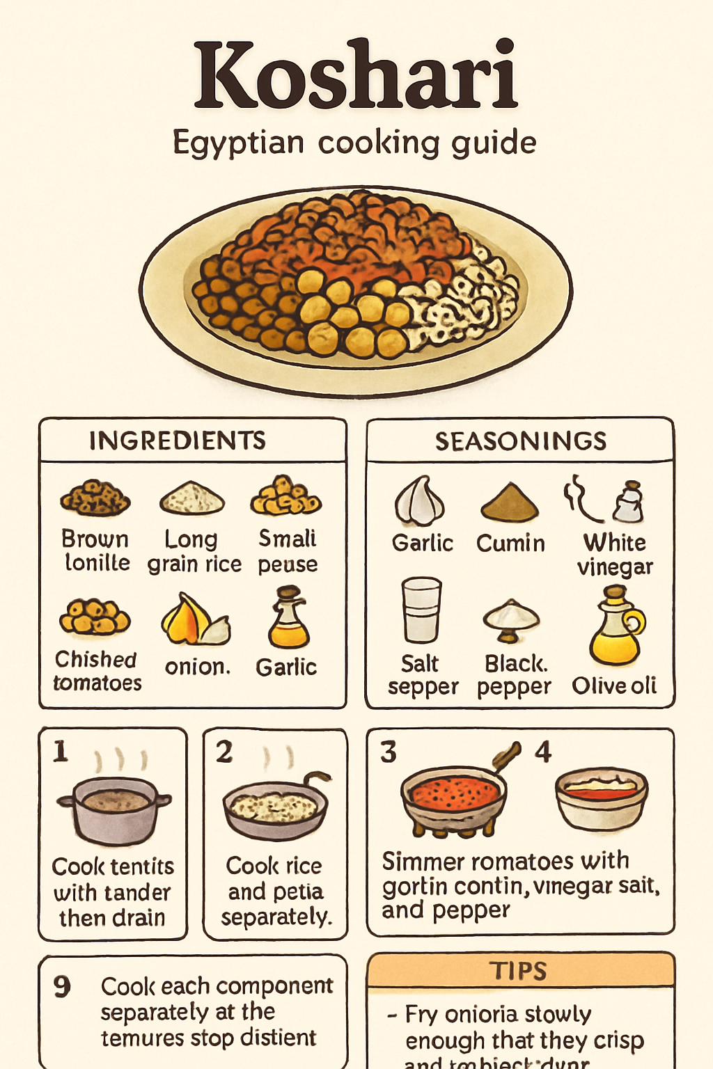 Koshari illustrated recipe card